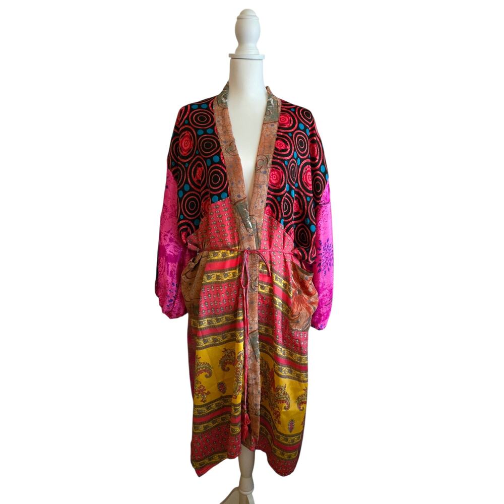 Boho Patchwork Guru For Life Mixed Print 100% Silk Sari Kimono Robe O/S Pink